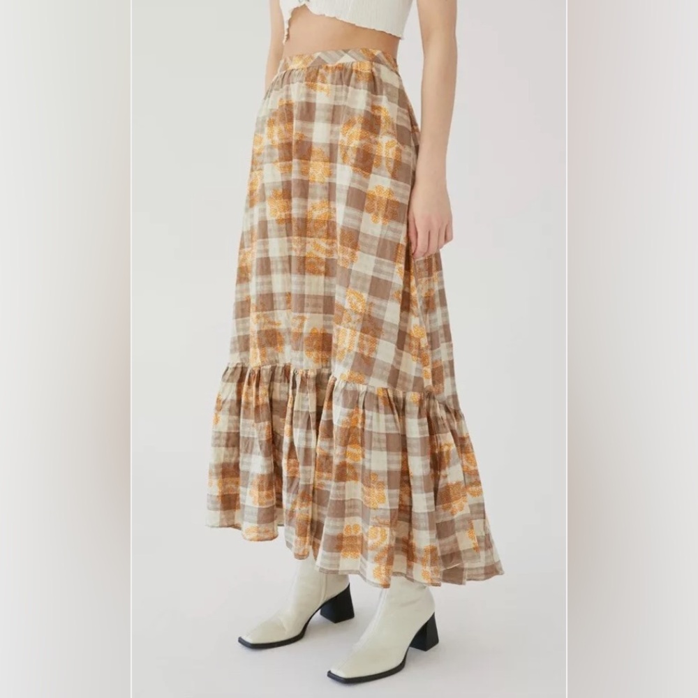 Urban Outfitters Brown Plaid Peasant Linen Skirt Size XS